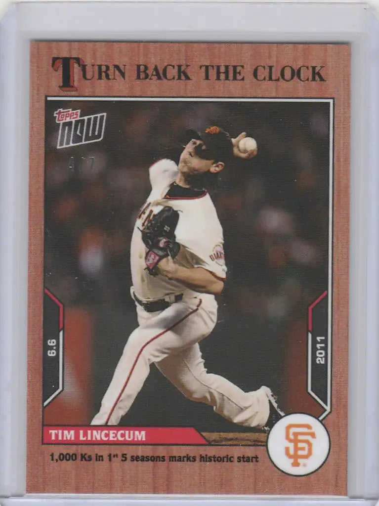 Baseball card of Tim Lincecum Giants in mid-throw from Topps Turn Back the Clock Cherry Parallel