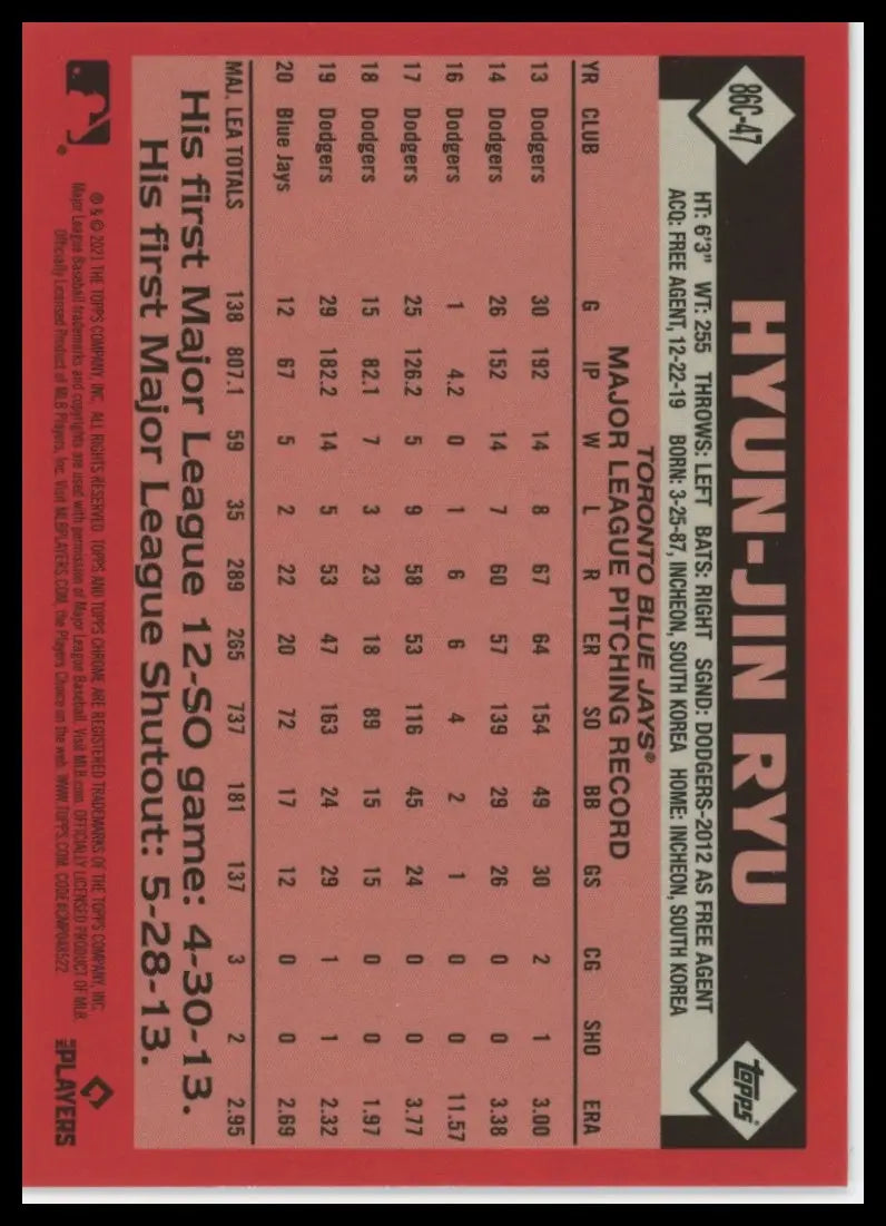 2021 Topps Update - 1986 35th Anniversary Chrome Hyun-Jin Ryu 86C-47 Baseball NM - Baseball Card Single