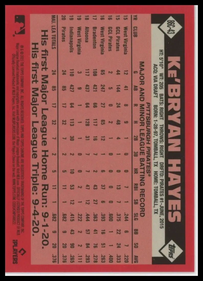 2021 Topps Update - 1986 35th Anniversary Chrome Ke’Bryan Hayes 86C-43 NM - Baseball Card Single