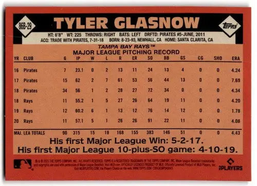 Tyler Glasnow baseball card back from 2021 Topps Update 1986 Topps Baseball 35th Anniversary Blue