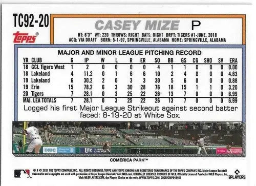 2021 Topps Update 1992 Topps Redux Chrome Casey Mize Tigers baseball card with original gloss