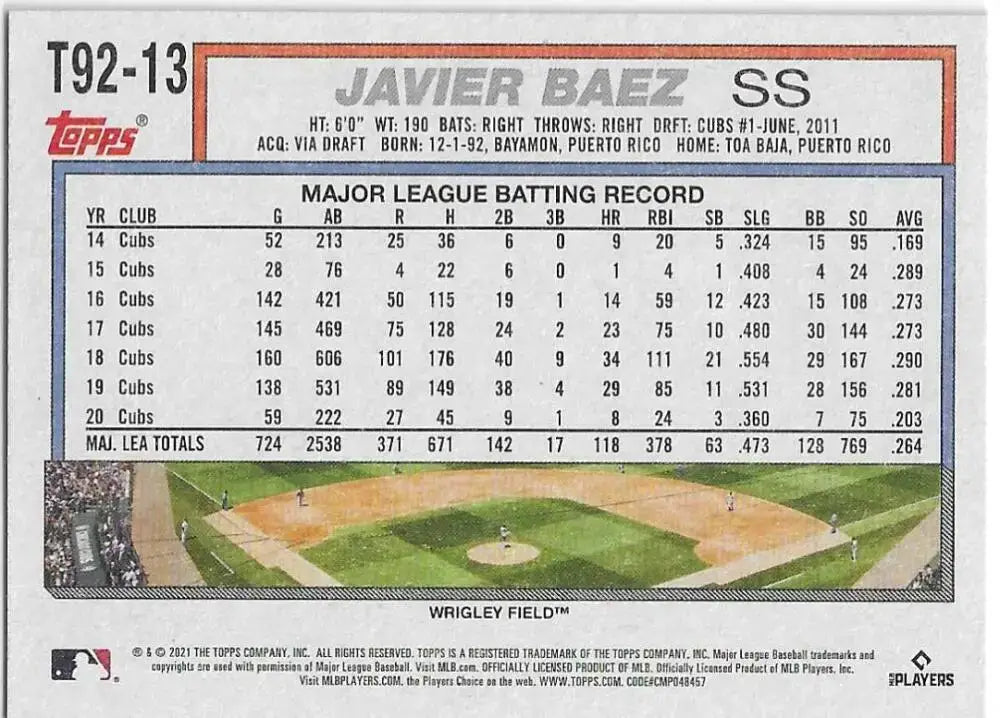 2021 Topps Update 1992 Topps Redux #T92-13 Javier Baez NM-MT Cubs - Baseball Card Single
