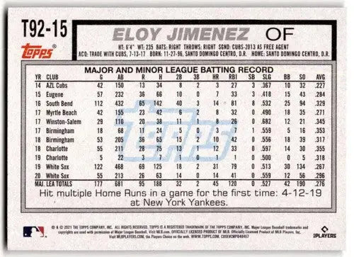 2021 Topps Update 1992 Topps Redux #T92-15 Eloy Jimenez NM-MT White Sox - Baseball Card Single