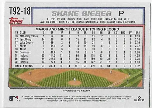 2021 Topps Update 1992 Topps Redux #T92-18 Shane Bieber NM-MT Indians - Baseball Card Single