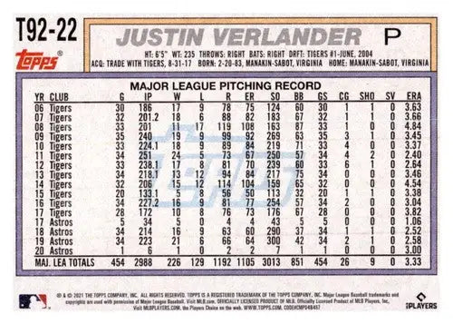 2021 Topps Update 1992 Topps Redux #T92-22 Justin Verlander NM-MT Astro ID:38396 - Baseball Card Single