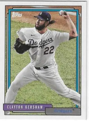 Clayton Kershaw baseball card from 2021 Topps Update 1992 Topps Redux with original gloss