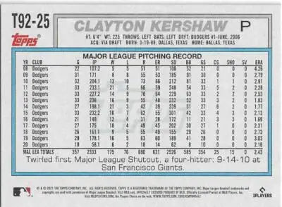 Clayton Kershaw baseball card from 2021 Topps Update 1992 Topps Redux series