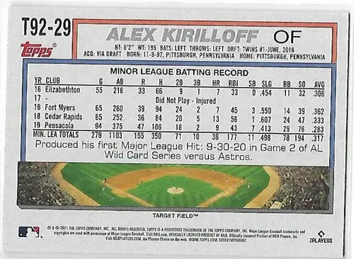 Alex Kirilloff baseball card from 2021 Topps Update 1992 Topps Redux with original gloss