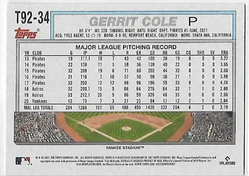 2021 Topps Update 1992 Topps Redux #T92-34 Gerrit Cole NM-MT Yankees - Baseball Card Single