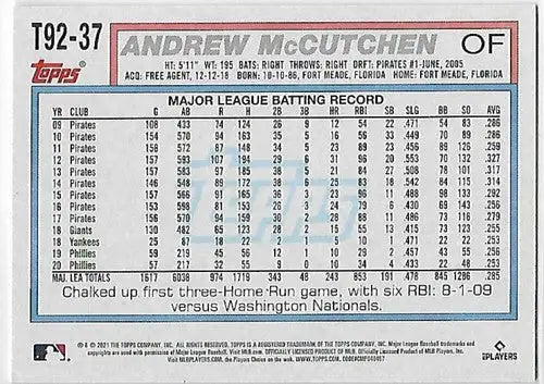 2021 Topps Update 1992 Topps Redux #T92-37 Andrew McCutchen NM-MT Phillies - Baseball Card Single