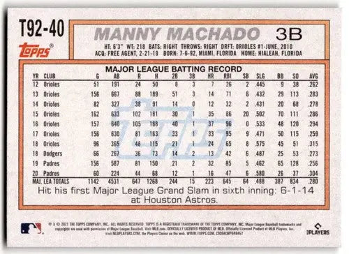 2021 Topps Update Manny Machado baseball card with original gloss, simply sandoval style