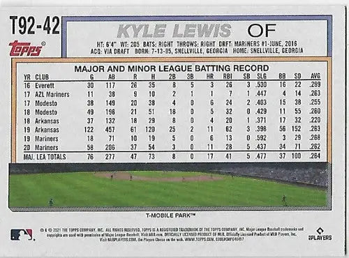 Baseball card back with original gloss from 2021 Topps Update Simply Sandoval Kyle Lewis Mariners