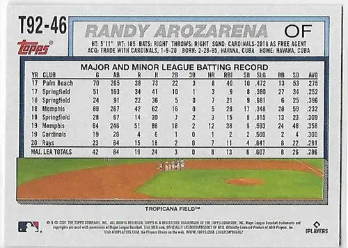 Baseball card back featuring original gloss of Randy Arozarena from 2021 Topps Update