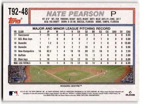 2021 Topps Update 1992 Topps Redux Nate Pearson sports card with original gloss Blue Jays