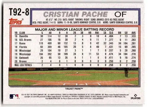 Cristian Pache baseball card from 2021 Topps Update 1992 Topps Redux with original gloss