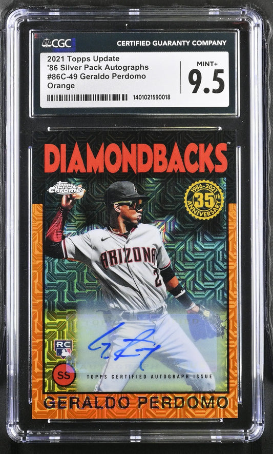 Graded 2021 Topps Update Baseball card featuring Geraldo Perdomo autograph in case
