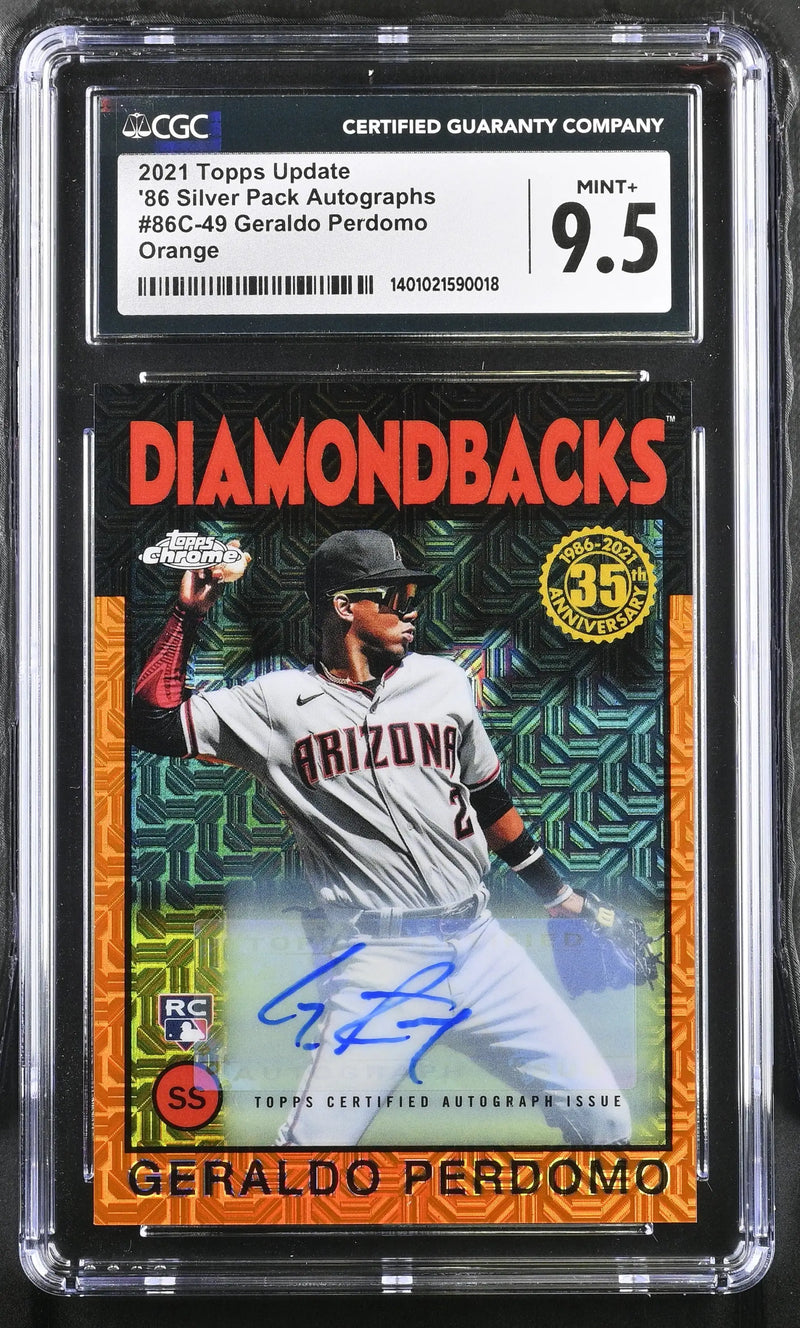 Graded 2021 Topps Update Baseball card featuring Geraldo Perdomo autograph in case