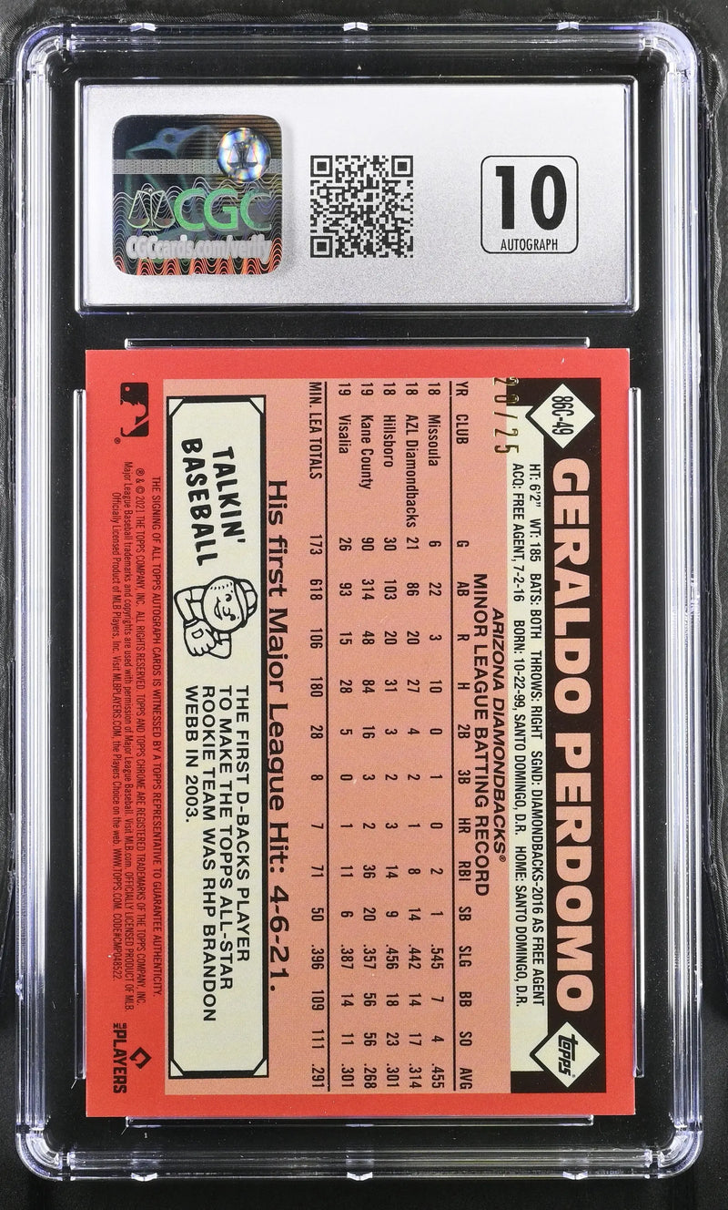 Geraldo Perdomo autograph baseball trading card in protective holder, CGC 9.5