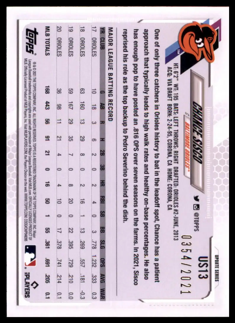 2021 Topps Update - Gold Chance Sisco US13 /2021 Baltimore Orioles NM - Baseball Card Single