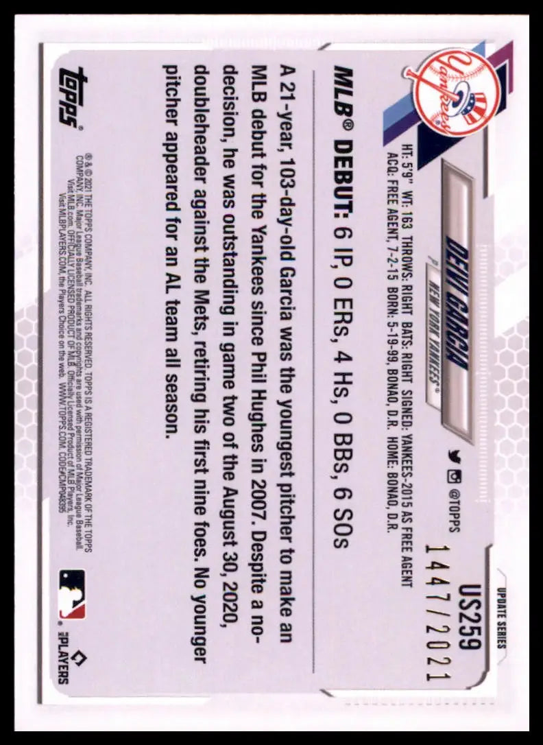 2021 Topps Update - Gold Deivi Garcia US259 /2021 New York Yankees Baseball NM - Baseball Card Single