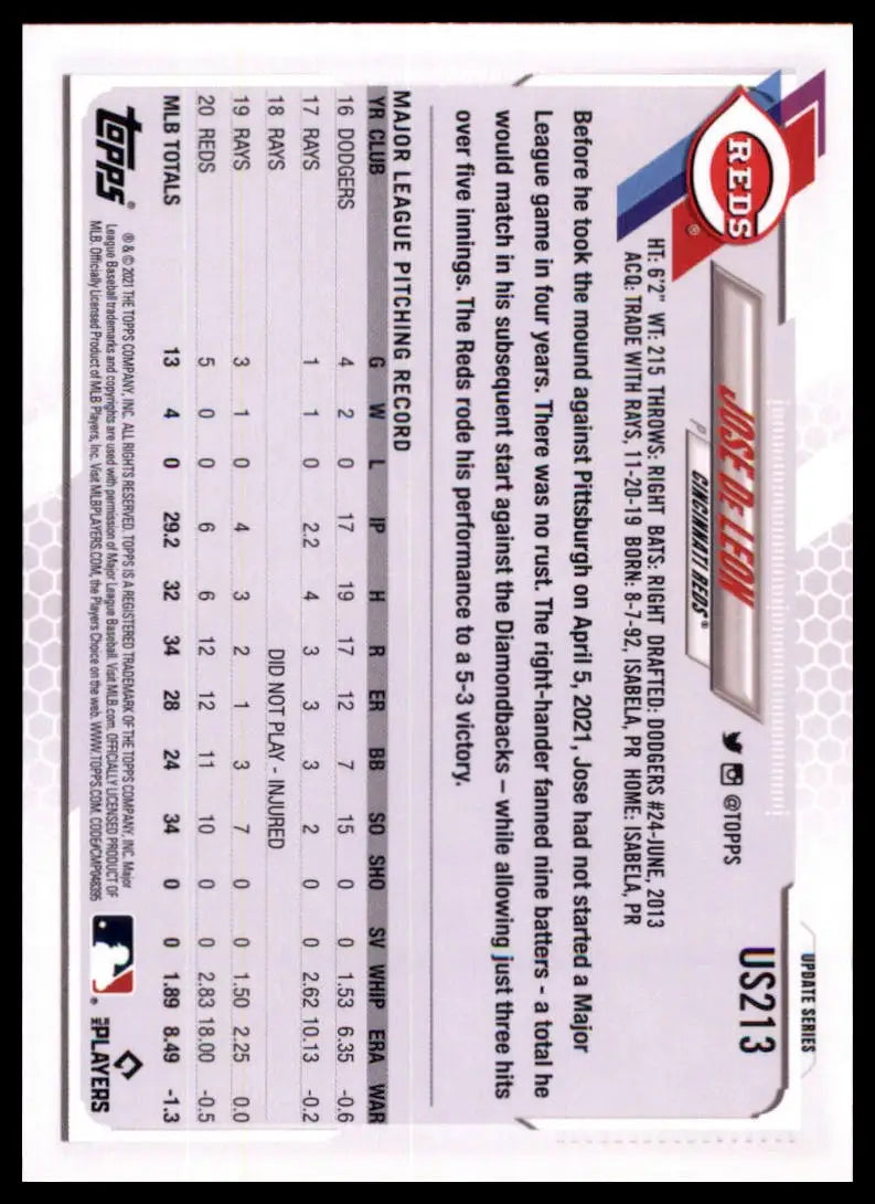 2021 Topps Update - Gold Foil Jose De Leon US213 Cincinnati Reds NM - Baseball Card Single