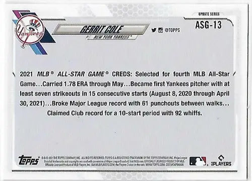2021 Topps Update MLB All-Stars Gerrit Cole baseball card with original gloss and NM-MT condition