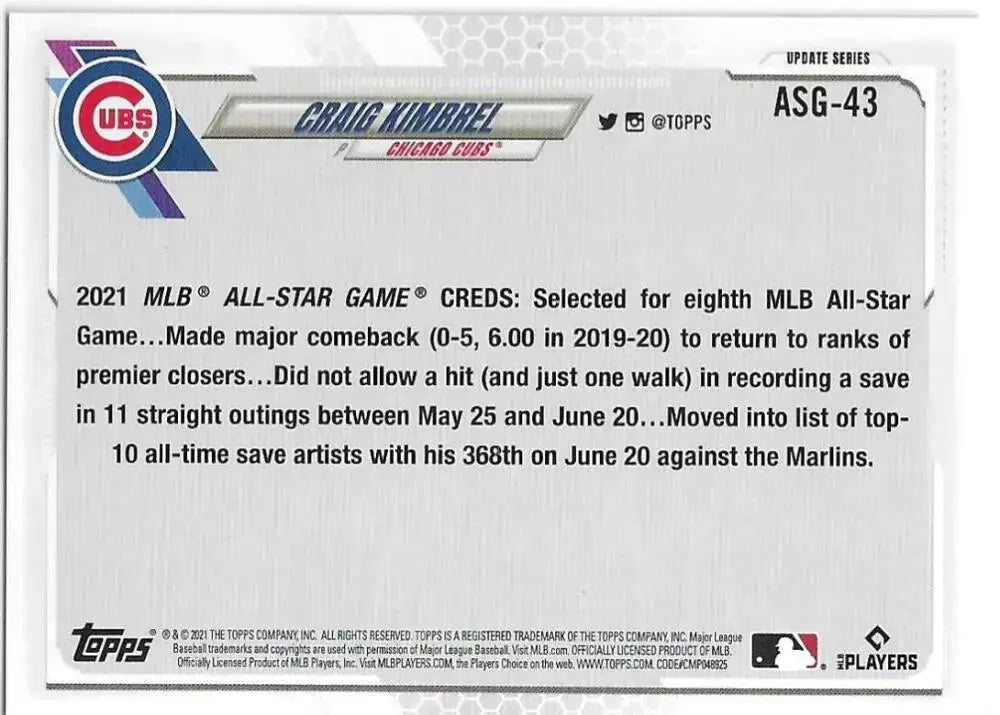 2021 Topps Update MLB All-Stars #ASG-43 Craig Kimbrel NM-MT Cubs - Baseball Card Single