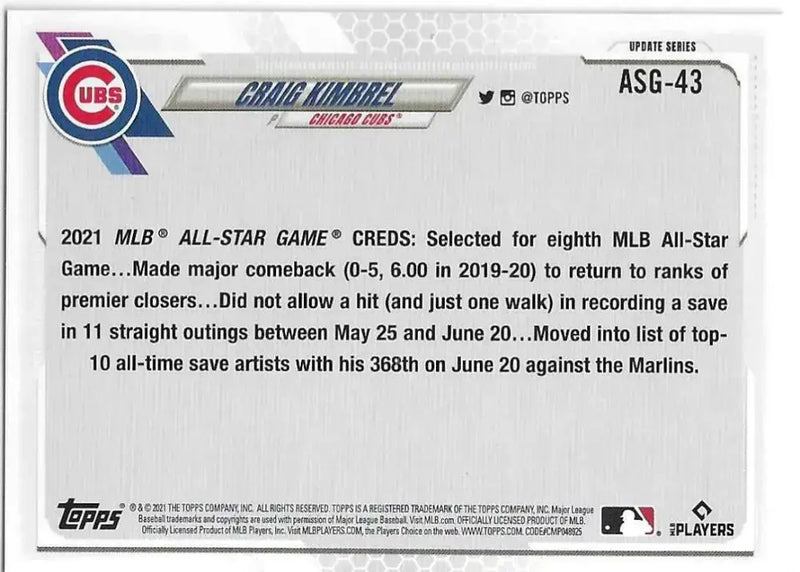 2021 Topps Update MLB All-Stars #ASG-43 Craig Kimbrel NM-MT Cubs - Baseball Card Single