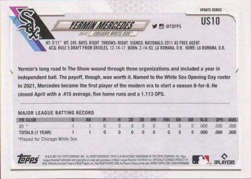 Yermin Mercedes rookie White Sox baseball card from 2021 Topps Update with original gloss