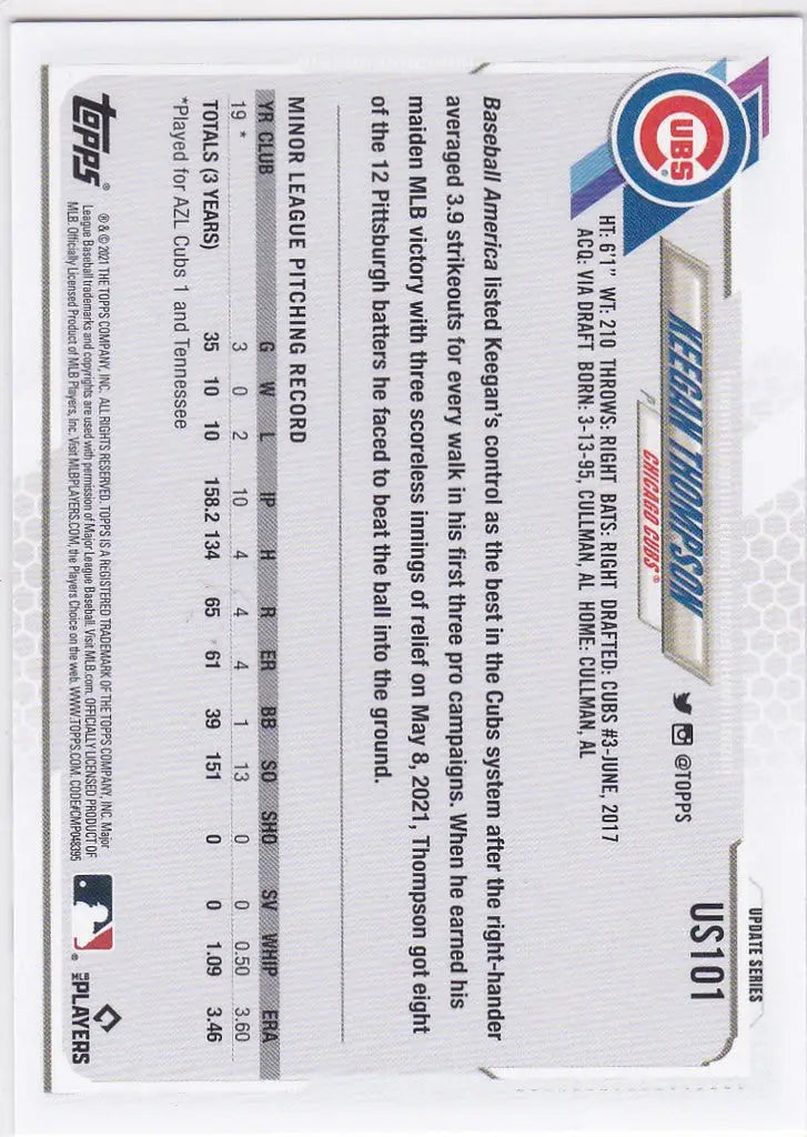 2021 Topps Update #US101 Keegan Thompson RC Chicago Cubs