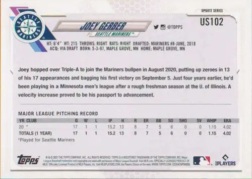Joey Gerber baseball card from 2021 Topps Update US102 featuring Mariners rookie simply sandoval sports cards