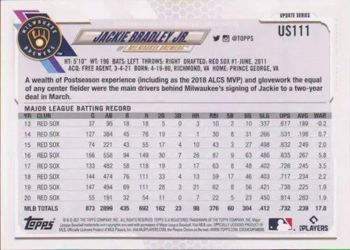 2021 Topps Update Jackie Bradley Jr. baseball card NM-MT Brewers original gloss