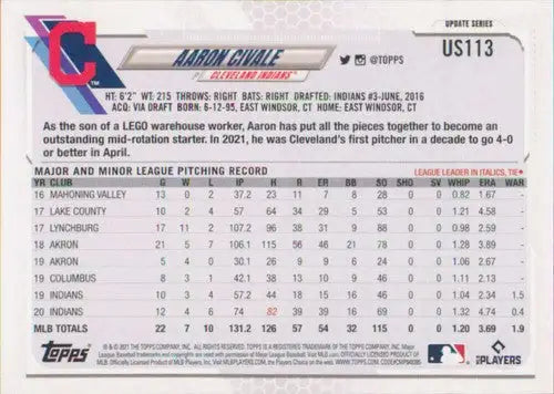 2021 Topps Update #US113 Aaron Civale NM-MT Indians - Baseball Card Single