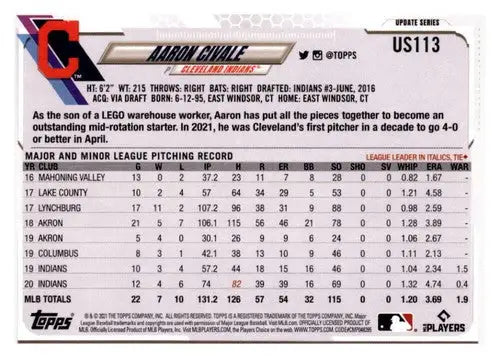 Aaron Civale baseball card from 2021 Topps Update with original gloss sports cards