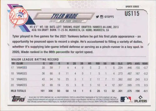 2021 Topps Update #US115 Tyler Wade NM-MT Yankees - Baseball Card Single