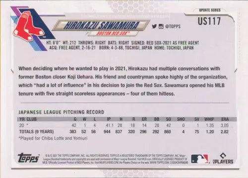 2021 Topps Update Hirokazu Sawamura rookie baseball card back with original gloss
