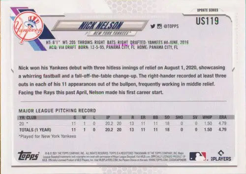 Baseball card back featuring 2021 Topps Update Nick Nelson NM-MT RC Yankees with original gloss