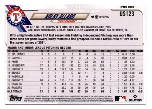 2021 Topps Update #US123 Kolby Allard NM Near Mint Rangers - Baseball Card Single
