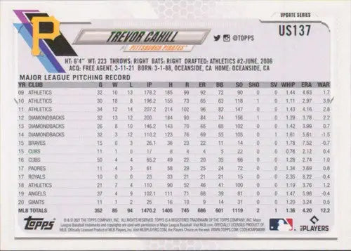 2021 Topps Update #US137 Trevor Cahill NM-MT Pirates - Baseball Card Single