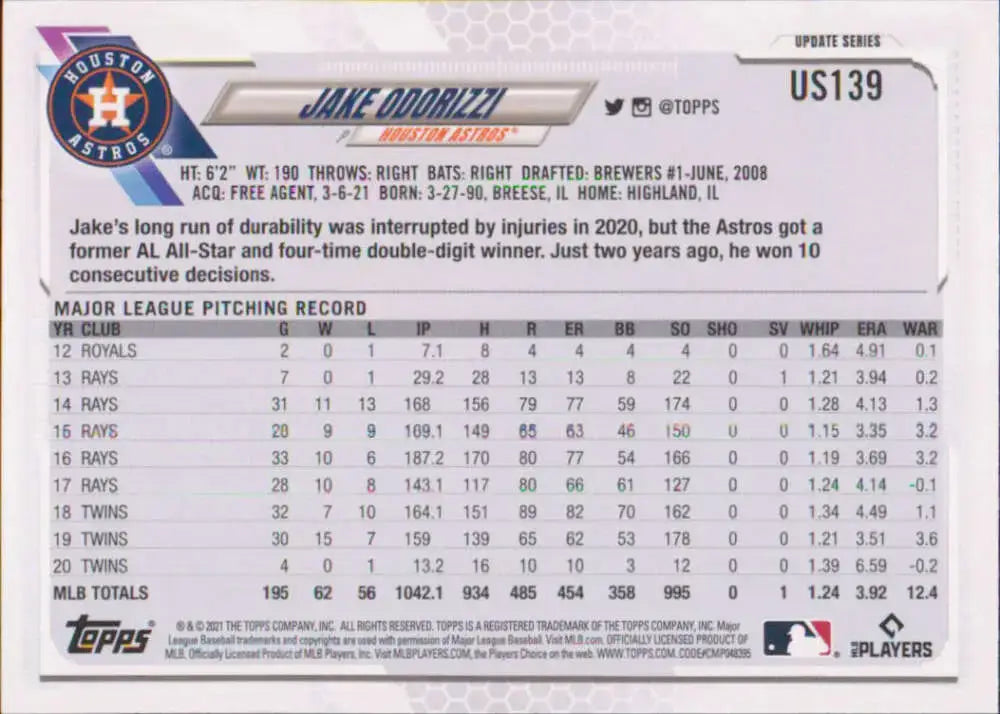 2021 Topps Update #US139 Jake Odorizzi NM-MT Astros - Baseball Card Single