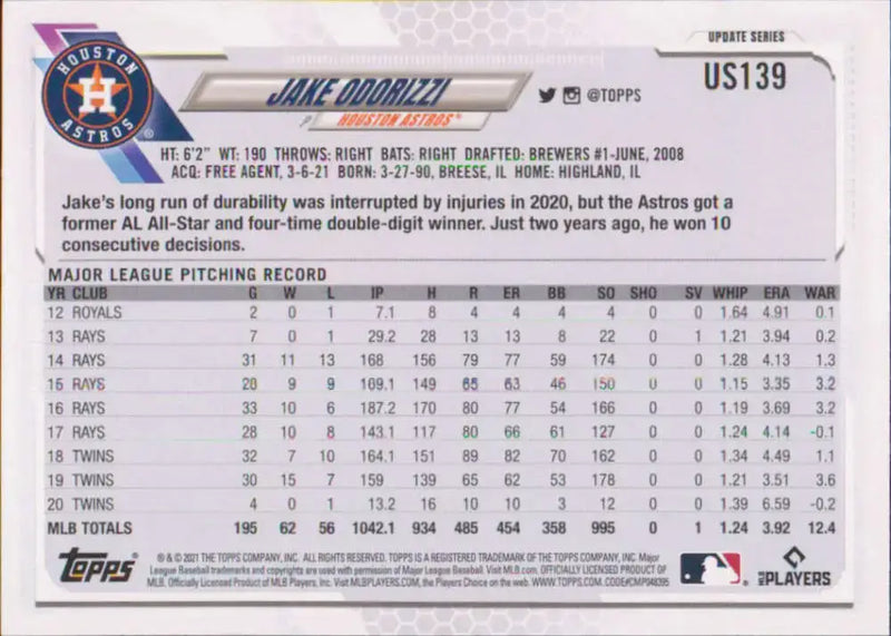 2021 Topps Update #US139 Jake Odorizzi NM-MT Astros - Baseball Card Single