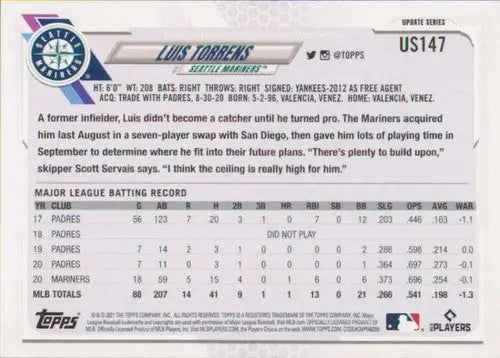 2021 Topps Update #US147 Luis Torrens NM-MT Mariners - Baseball Card Single