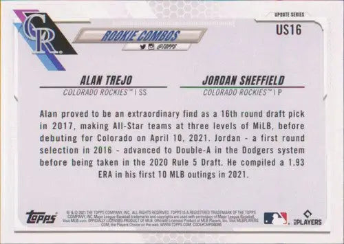 Baseball card back with original gloss from 2021 Topps Update US16 Rockies sports card