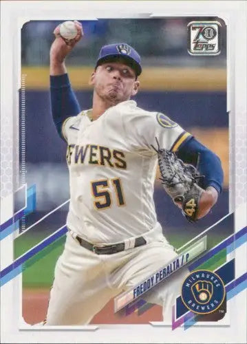 Original gloss Freddy Peralta baseball card from 2021 Topps Update US165 Brewers