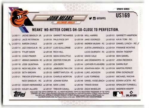 2021 Topps Update #US169 John Means NM Near Mint Orioles Season Highlight - Baseball Card Single