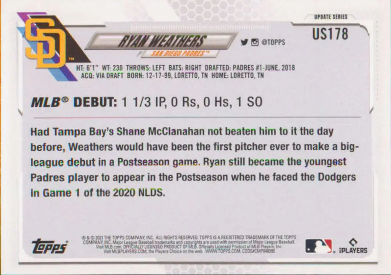 2021 Topps Update #US178 Ryan Weathers NM-MT Padres Rookie Debut - Baseball Card Single