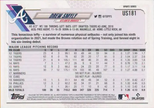 Original gloss 2021 Topps Update US181 Drew Smyly baseball card featuring Drew Smyly and Braves