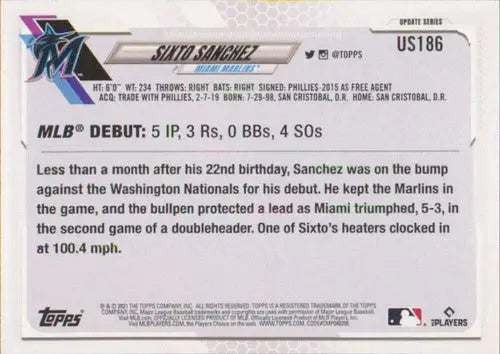 2021 Topps Update Sixto Sanchez Marlins Rookie Debut baseball card with original gloss