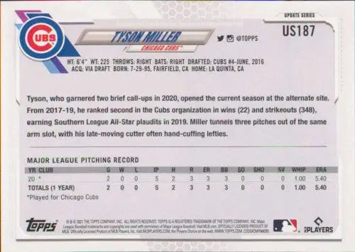 Baseball card back featuring Tyson Miller rookie card from 2021 Topps Update series