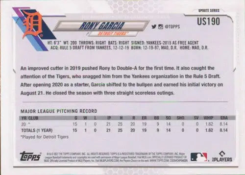 2021 Topps Update US190 Rony Garcia rookie card Tigers NM-MT